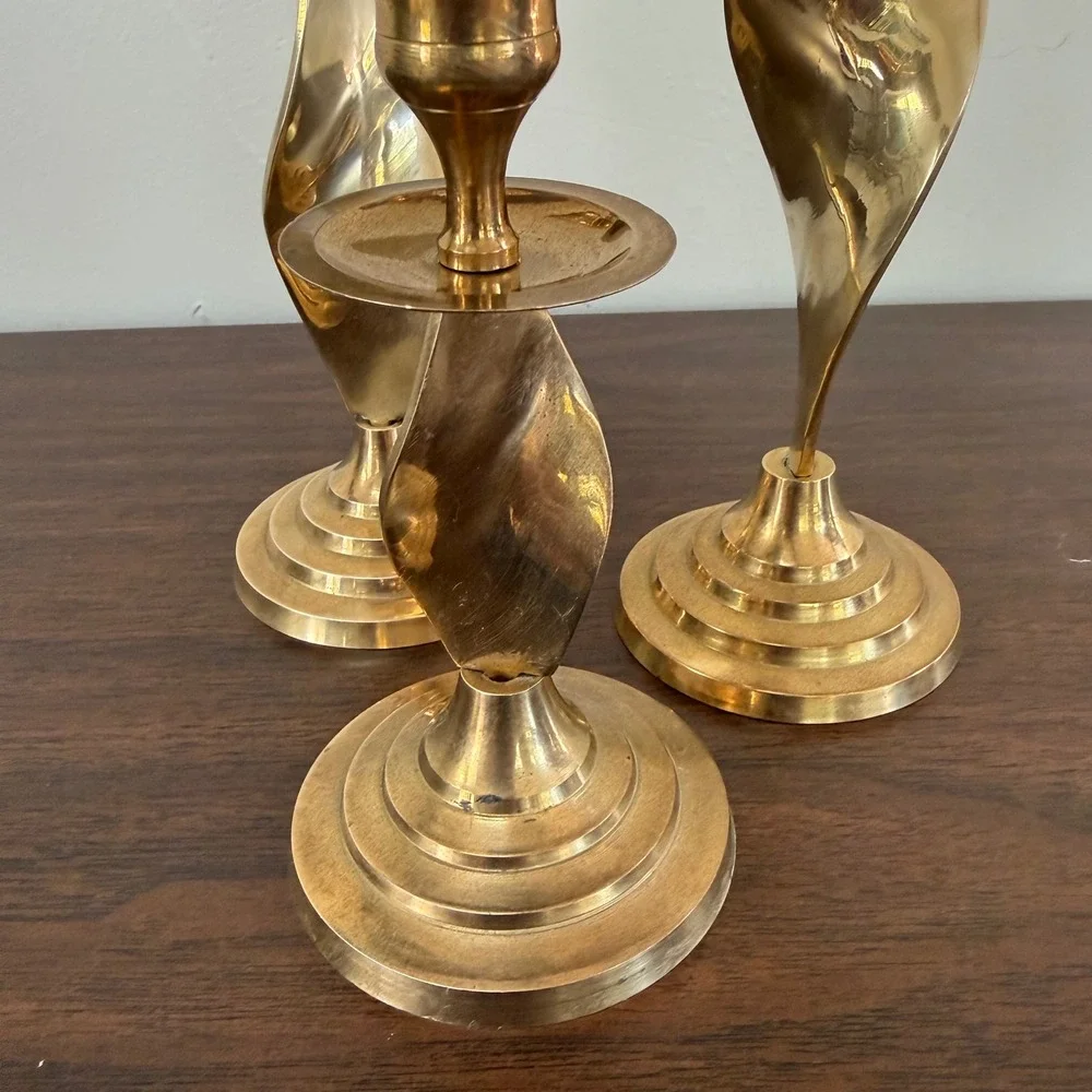 Vintage Brass Twisted Spiral Candlestick Holders Set of 3 MCM India